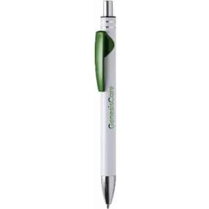 A pen with a white body and a green grip, featuring a branded logo on the side.