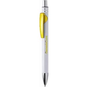 A pen with a white body, yellow grip, and silver accents, featuring a branding logo on the side.