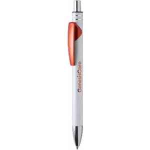 A pen with a white barrel and an orange grip, featuring a logo on the side.