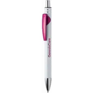 A pen with a white barrel and a pink grip, featuring a logo on the side.