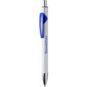 A pen with a white barrel and blue accents, featuring a branding logo.