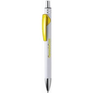 A pen with a white barrel and a yellow grip, featuring a clip and a branding logo.