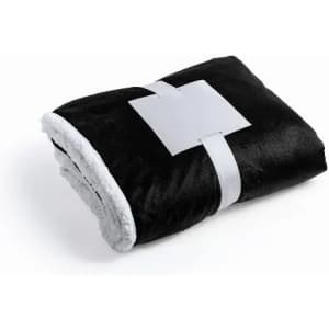 A black blanket with a soft grey underside, neatly folded and secured with a strap. It features a branding label.
