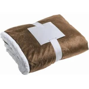 A plush brown blanket with a soft white underside, neatly folded and secured with a band.