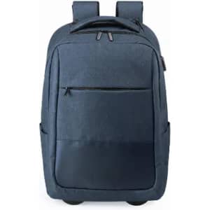 A navy blue backpack with a front zip pocket and two side pockets, featuring padded shoulder straps.