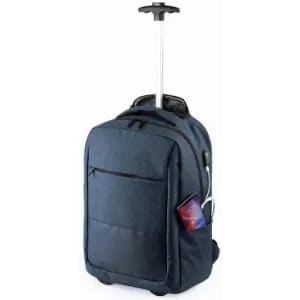 A navy blue wheeled backpack with a retractable handle and a front pocket. It has a logo on the side.