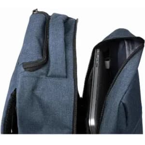 A backpack in navy blue with a zippered compartment, revealing a laptop inside. It features a logo on the exterior.
