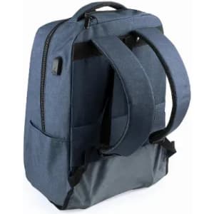 A backpack in a navy blue fabric with padded straps and a grey base. The design features a zip closure and logo.