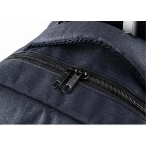 A dark grey backpack featuring a zippered compartment and a spacious opening. The fabric has a textured appearance.