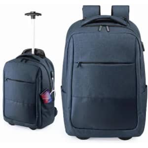 A navy blue wheeled backpack featuring a retractable handle and multiple compartments, including a front zip pocket.