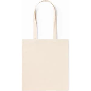 A plain beige tote bag with long handles, suitable for carrying items.