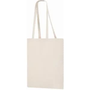 A plain cream tote bag with long straps and a simple design, featuring a logo.