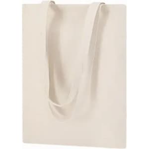A cream-coloured tote bag with long handles and a simple design. Features a logo on one side.