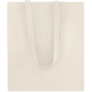 A cream tote bag with long handles and a simple, unembellished design. It features a logo on the exterior.