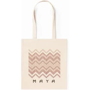 A beige tote bag featuring a patterned design in shades of red and brown, with a logo at the bottom.
