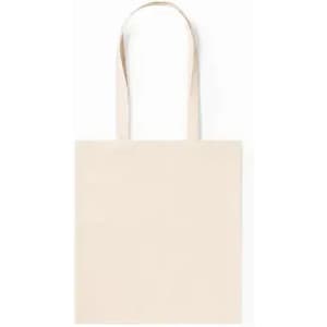 A beige tote bag with two sturdy handles, designed for carrying various items.