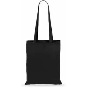 A black tote bag with long handles and a simple, unadorned design.