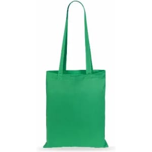 A green tote bag with two long handles, designed for carrying items. It has a simple, solid colour design.