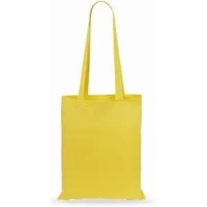 A yellow tote bag with two long handles and a simple, unembellished design.