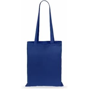 A blue tote bag with long handles, featuring a simple and sleek design. It has no visible logos or text.