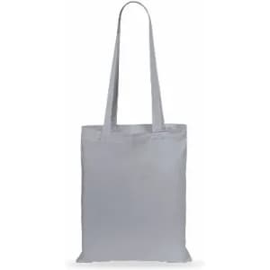 A grey tote bag with long straps and an open top, featuring a plain design and no visible branding.