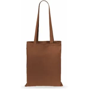 A brown tote bag with long handles and a simple, unadorned design.