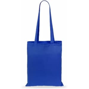 A blue tote bag with long handles, featuring a simple, unadorned design.