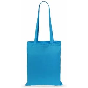 A blue tote bag with two handles and a simple design, featuring a plain surface without any logos or branding.