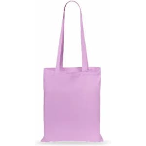 A tote bag in a soft lavender colour with two shoulder straps and a simple design. It features a branding logo.
