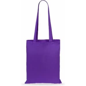 A tote bag in vibrant purple, featuring two handles and a simple design. It has a blank surface for branding.