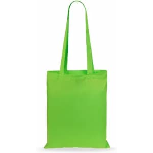 A green tote bag with long handles, featuring a simple, unembellished design and a solid colour.