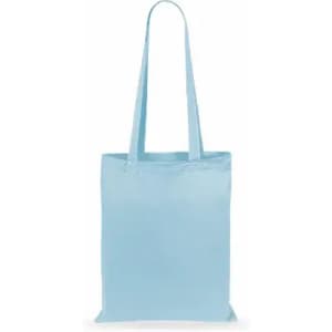 A light blue tote bag with long handles, featuring a simple and sleek design.