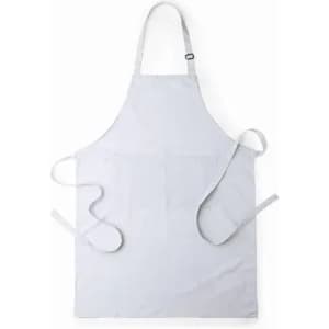 A light grey apron with adjustable straps and ties. It features a simple design and no visible branding.