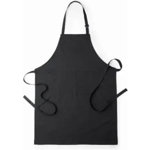 A black apron with adjustable straps and a front pocket, designed for cooking or crafting.