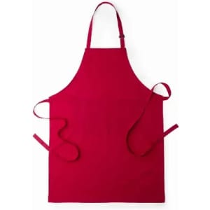 A red apron with adjustable neck straps and ties at the waist. It features a simple design without pockets.