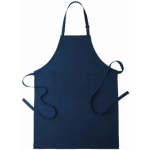 A navy blue apron with adjustable neck straps and ties at the waist, featuring no visible branding.