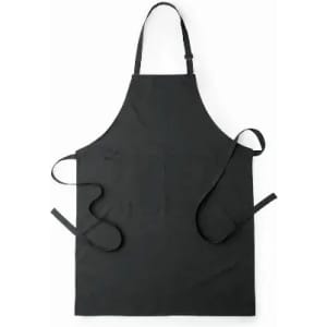 A black apron with adjustable neck straps and ties on the sides. It features a simple design and no visible branding.