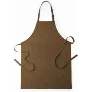 A brown apron with adjustable straps and ties on the sides. It features a simple design without additional embellishments.