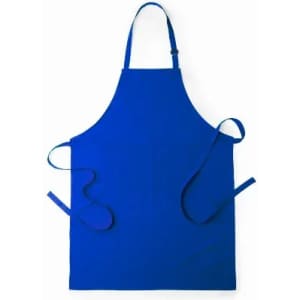 A blue apron with adjustable neck straps and ties on the sides. It features a solid colour design.