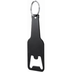 A black bottle opener keychain with a simple design and a metal ring for attachment.