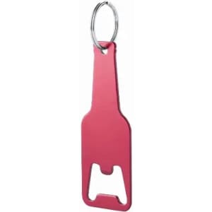 A bottle opener keychain in a bright red colour, featuring a metallic finish and a circular keyring attachment.