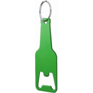 A green bottle opener keychain with a keyring attachment.