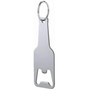A bottle-shaped keyring bottle opener in silver metal, featuring a keyring attachment.