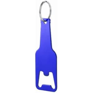 A blue bottle opener keychain featuring a sleek design and a metal ring for attachment.