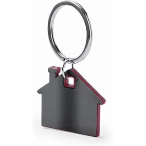 A keyring shaped like a house, featuring a black front and a red outline, with a metal ring for attachment.