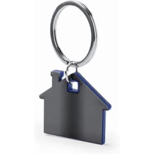 A keyring shaped like a house, featuring a metallic finish with blue details and a circular attachment.