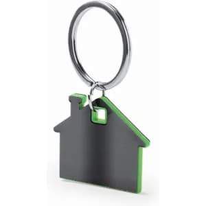 A keyring in the shape of a house, featuring a black exterior and green interior. It has a metal ring for attachment.