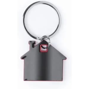 A keyring shaped like a house in black with red edges, featuring a small chimney and keyring attachment.