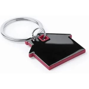 A keyring shaped like a house, featuring a black and burgundy design with a silver ring.