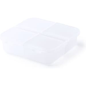 A lunchbox with a square, transparent design featuring four compartments and a secure lid.
